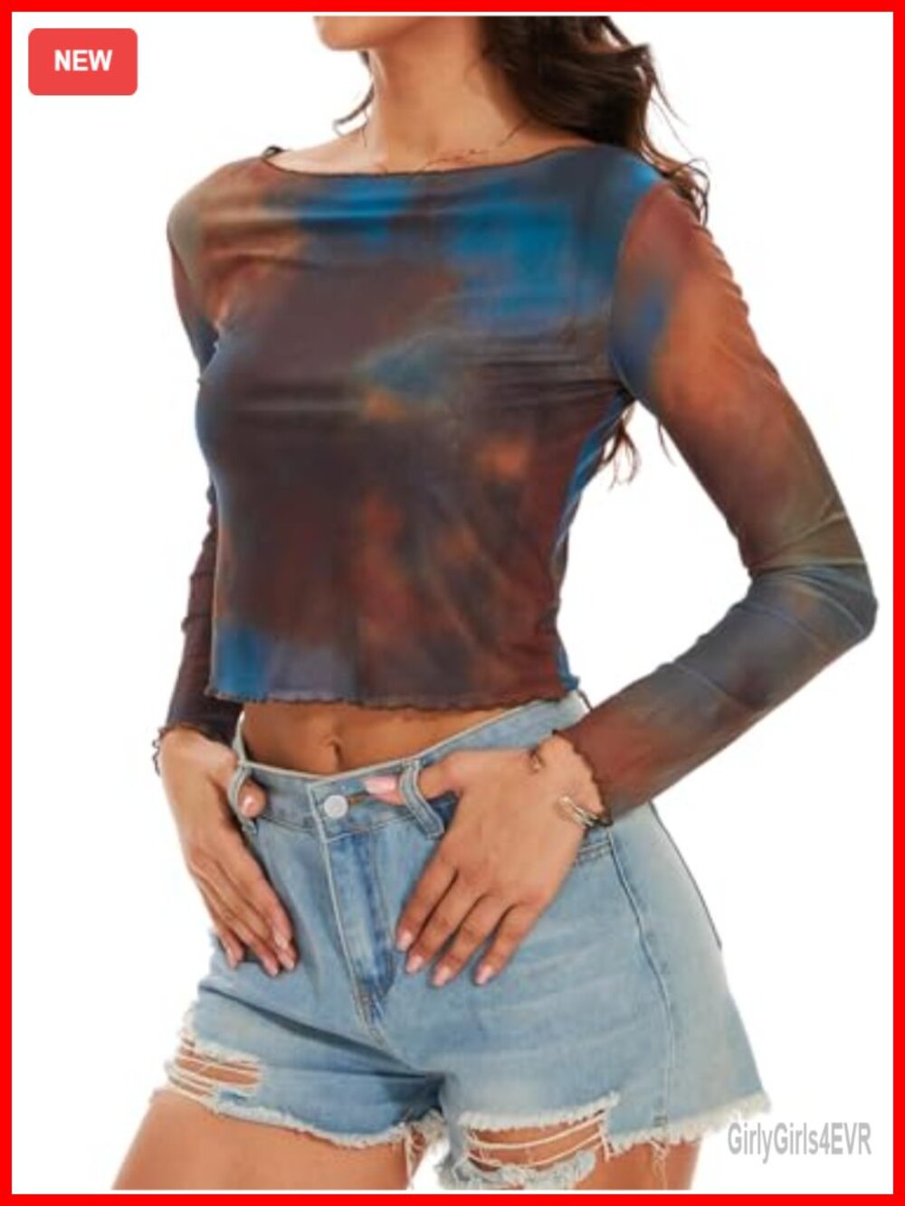 Women's Mesh Long Sleeve Crop Top Sheer Y2K Clubwear Tee